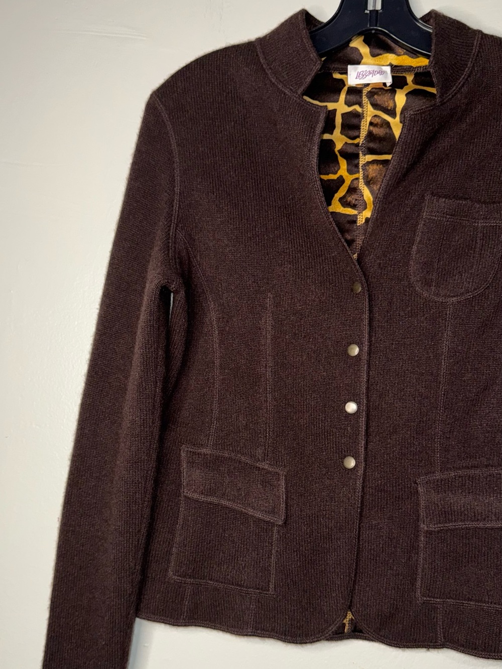 Leggiadro Dark Brown Snap-Front Knit Blazer with Patterned Lining - Picture 11 of 13